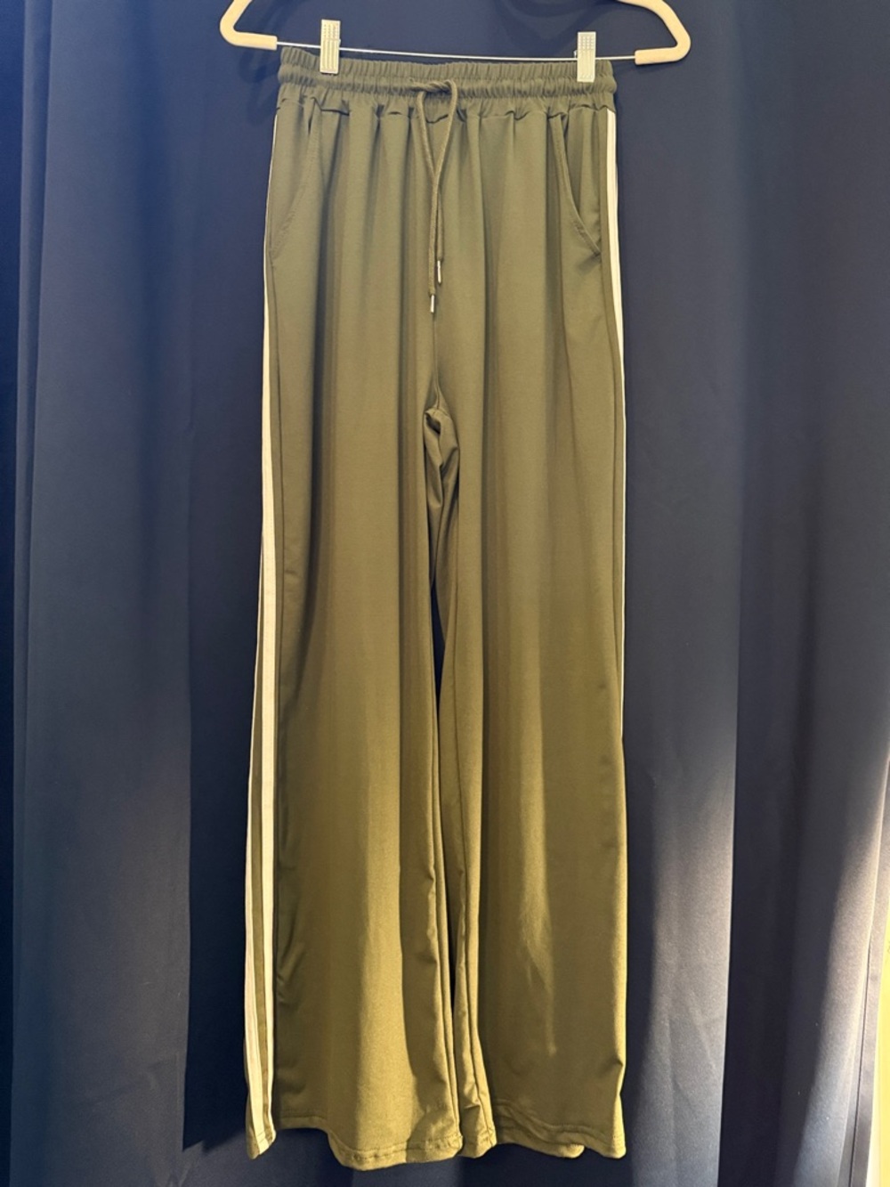 Olive Wide-Leg Track Pants with Side Stripe